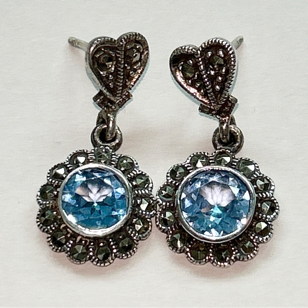 Vintage Blue Topaz Marcasite Dangling Flower Signed Sterling Silver Earrings - Picture 3 of 12